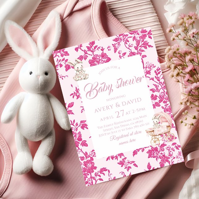 Invitation Toile de Jouy Baby shower Dusty Pink Teddy Bear (Créateur téléchargé)
