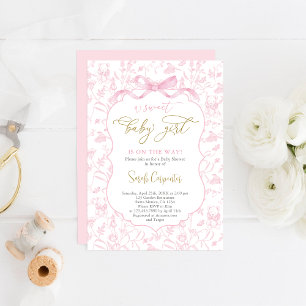 Invitation Toile De Jouy Baby shower fille avec Bow