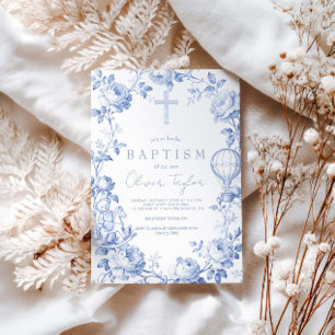 Invitation Toile De Jouy Bleu Baptême Garçon