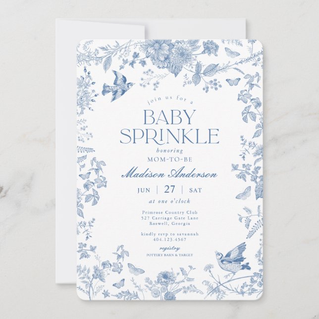 Invitation Toile de Jouy bleue bébé florale sprinkle (Devant)