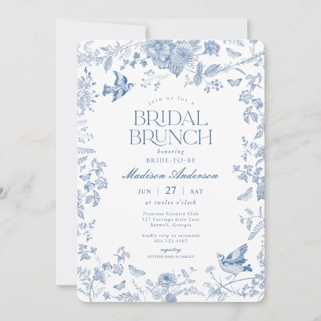 Invitation Toile De Jouy Bleue Brunch Floral de Mariée França (Devant)