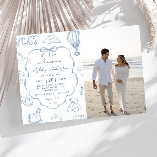 Invitation Toile De Jouy Blue Bow Baby Shower Party Photo  (Créateur téléchargé)