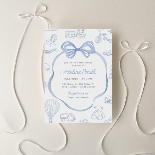 Invitation Toile de Jouy Blue Bow Chinoiserie Baby shower gar (Créateur téléchargé)