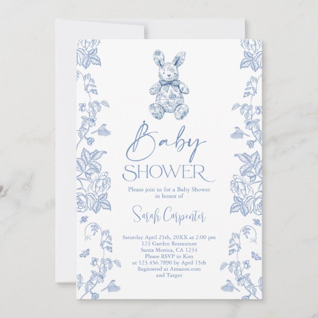 Invitation Toile De Jouy Bunny Baby shower Garçon (Devant)