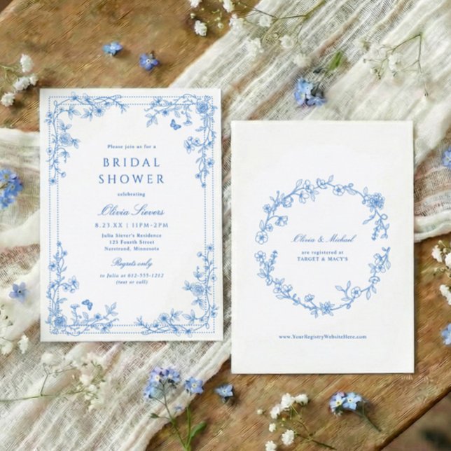 Invitation Toile de Jouy Chinoiserie Bleue et Blanche pour Ma (Blue and white wildflower bridal shower invitation with French vintage toile corner florals)
