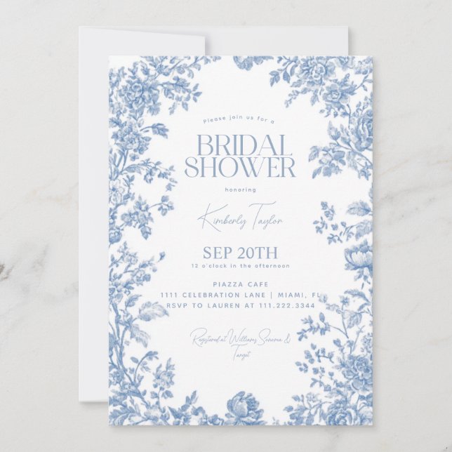Invitation Toile De Jouy Dusty Fête des mariées Florale Bleue (Devant)