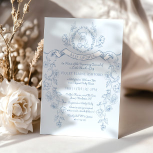 Invitation Toile de Jouy Ours en peluche baby shower bleu fra
