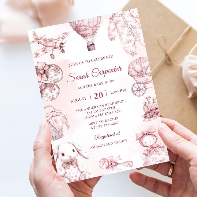 Invitation Toile De Jouy Pink Girl Baby Shower Party (Créateur téléchargé)