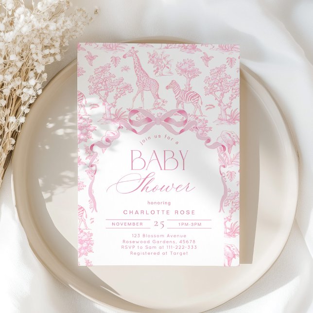Invitation Toile de Jouy Rose Animaux de safari Baby shower (Créateur téléchargé)
