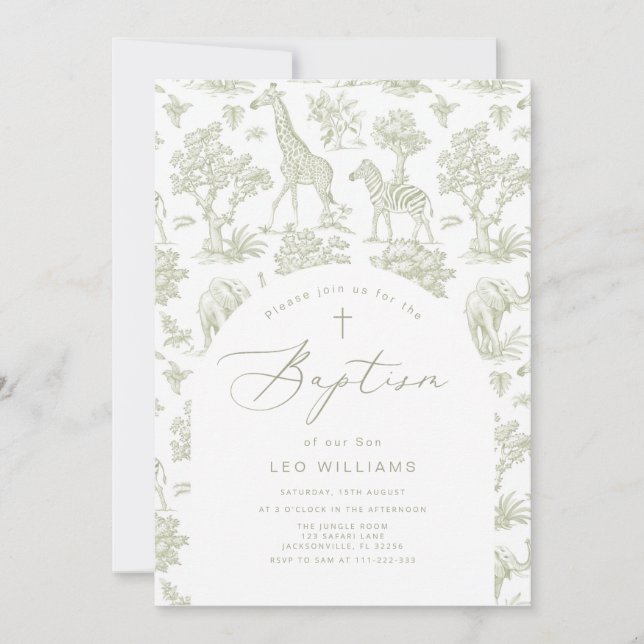 Invitation Toile de Jouy Safari animaux Garçon vert Baptême (Devant)