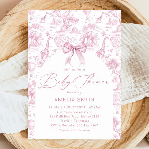 Invitation Toile de Jouy Safari Ruban Rose Baby shower