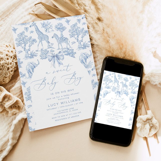 Invitation Toile de Jouy Safari Sweet Baby baby shower garçon (Créateur téléchargé)