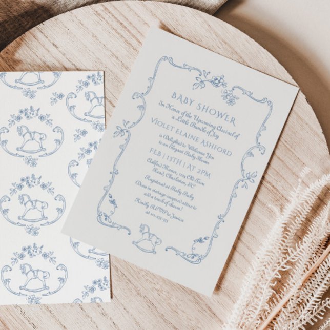 Invitation Toile de Jouy vintage Baby shower à cadre de jouet (Créateur téléchargé)