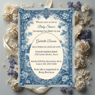 Invitation Toile de Jouy Vintage Bleu Tendre Fleurie pour Bab