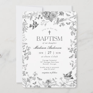 Invitation Toile De Jouy Vintage Floral Baptême Noir
