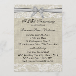 Invitation Toile de jute et dentelle avec Nœud Argent 25e Ann