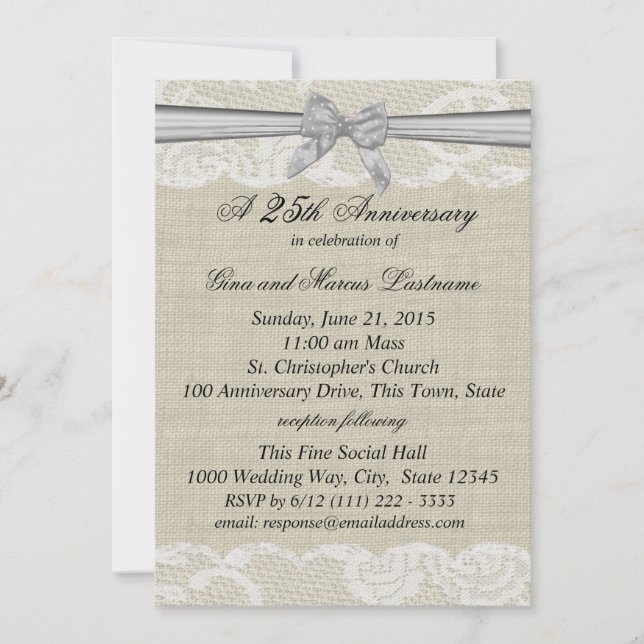Invitation Toile de jute et dentelle avec Ruban Argent 25e An (Devant)