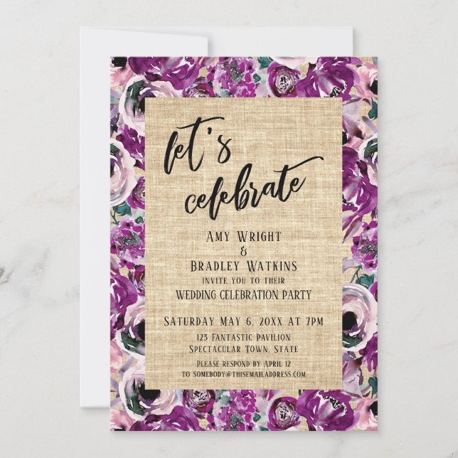Invitation Toile de jute Fleurs roses pour célébration décont (Devant)