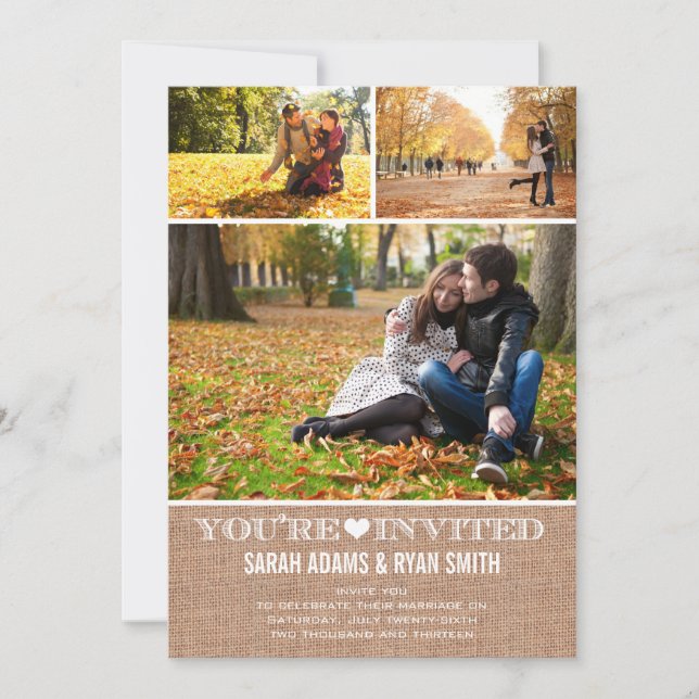 Invitation Toile de jute mignonne de coeur épousant (Devant)