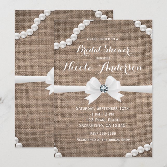 Invitation Toile de jute & Perles Fête de douche de mariage R (Devant / Derrière)