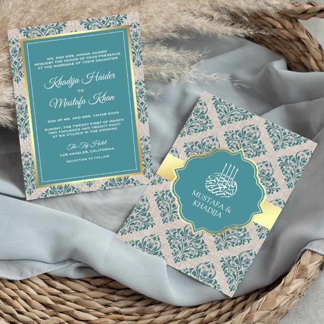 Invitation Toile de jute rustique damassé sarcelle mariage mu (Créateur téléchargé)