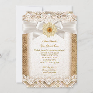 Invitation Toile de jute rustique et dentelle de crème, noeud
