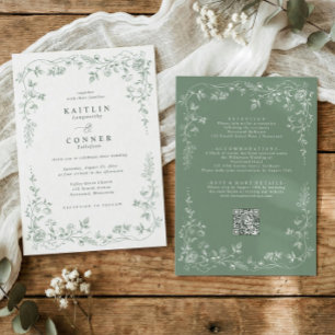 Invitation Toile de mariage florale française vintage vert sa