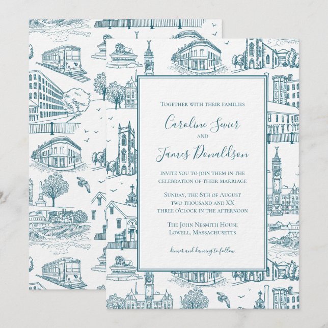 Invitation Toile de Mill City (Lowell, MA) Bleu/Blanc (Devant / Derrière)
