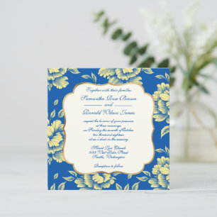 Invitation Toile de pivoine bleu et jaune - Décor champêtre f