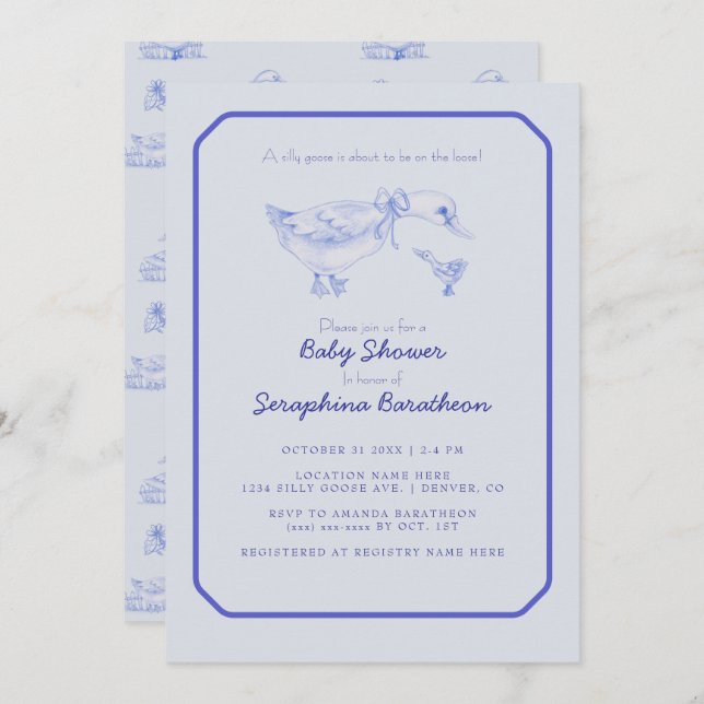 Invitation Toile Florale Baby shower d'oie soie (Devant / Derrière)