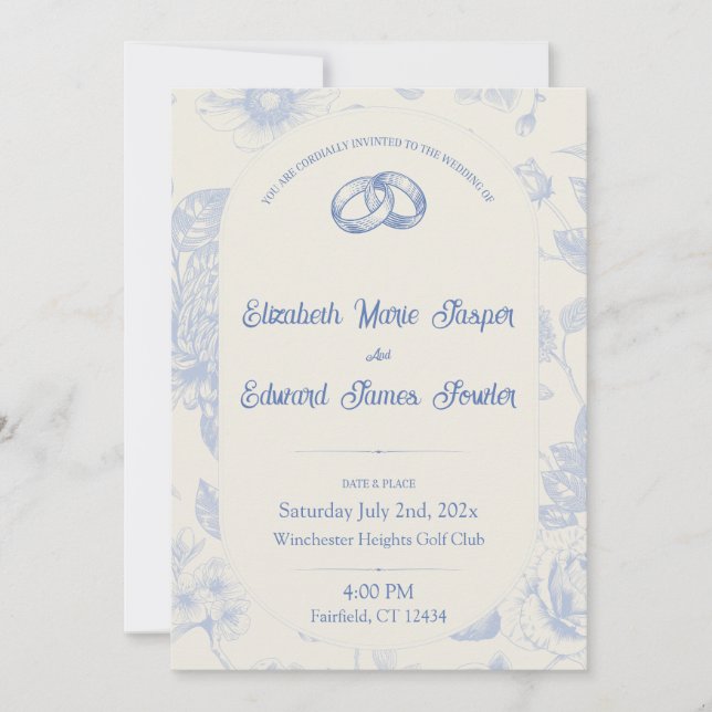 Invitation Toile Florale Bleu Français Riche Floral (Devant)