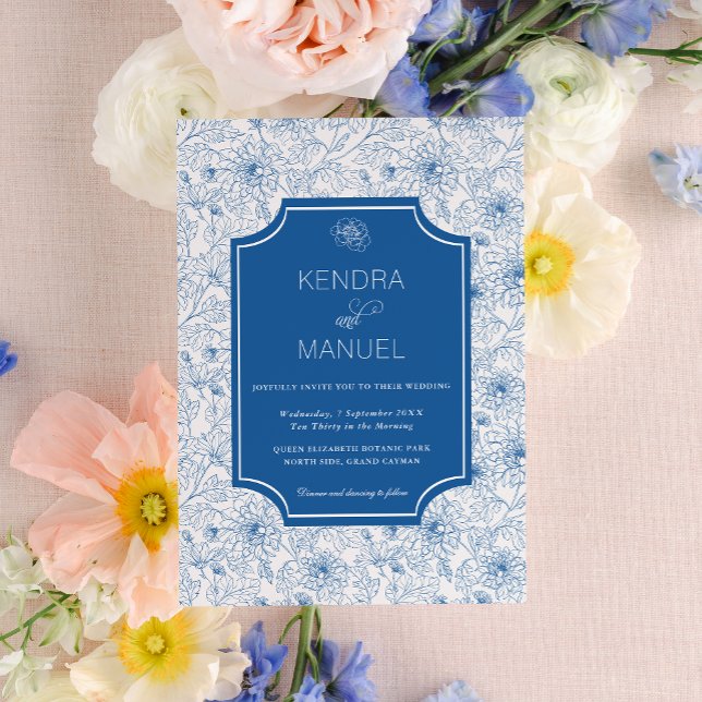 Invitation Toile Florale chic Mariage bleu français (Créateur téléchargé)