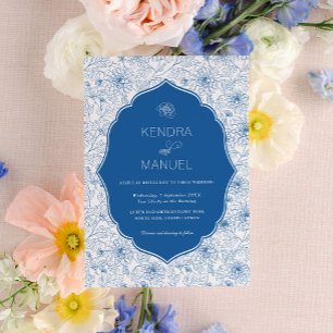 Invitation Toile Florale Fancy Mariage bleu français