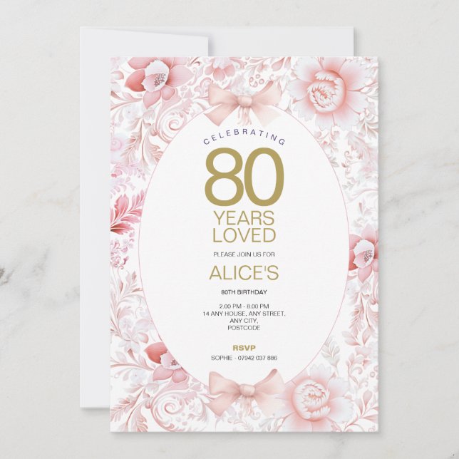 Invitation Toile Florale Rose & Or 80ème Anniversaire (Devant)