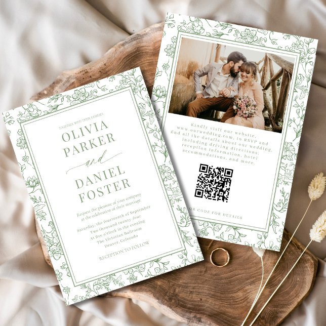 Invitation Toile florale verte sauge française avec code QR (Créateur téléchargé)