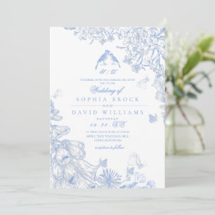 Invitation Toile française bleue et blanche pour mariage flor