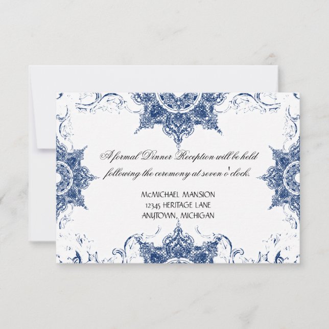 Invitation Toile Marine en blanc Damask Swirl Mariage Récepti (Devant)