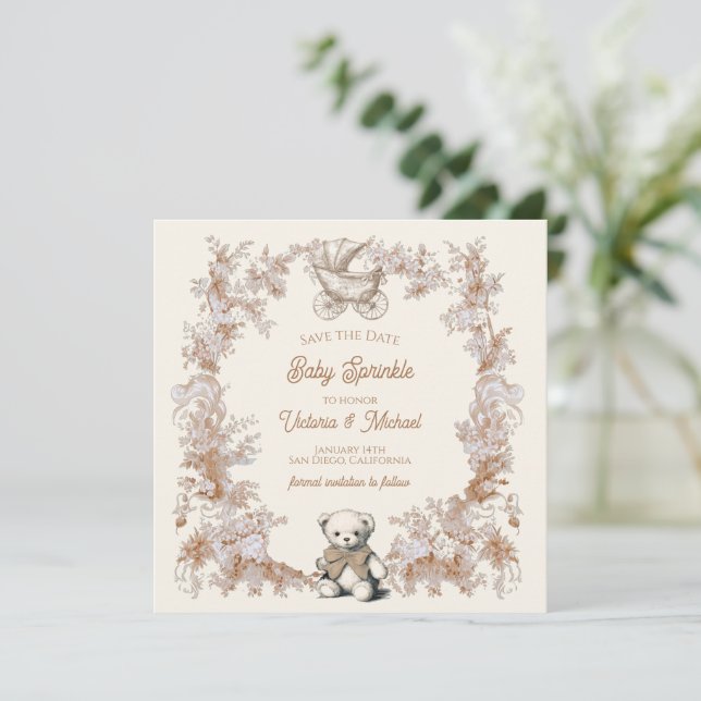 Invitation Toile Neutral Teddy Bear Carriage Enregistrer la d (Debout devant)