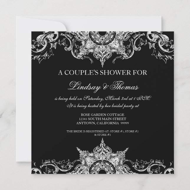 Invitation Toile Noir n Blanc Damas Swirl Couples Douche (Devant)