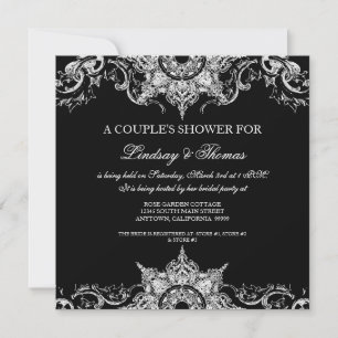 Invitation Toile Noir n Blanc Damas Swirl Couples Douche