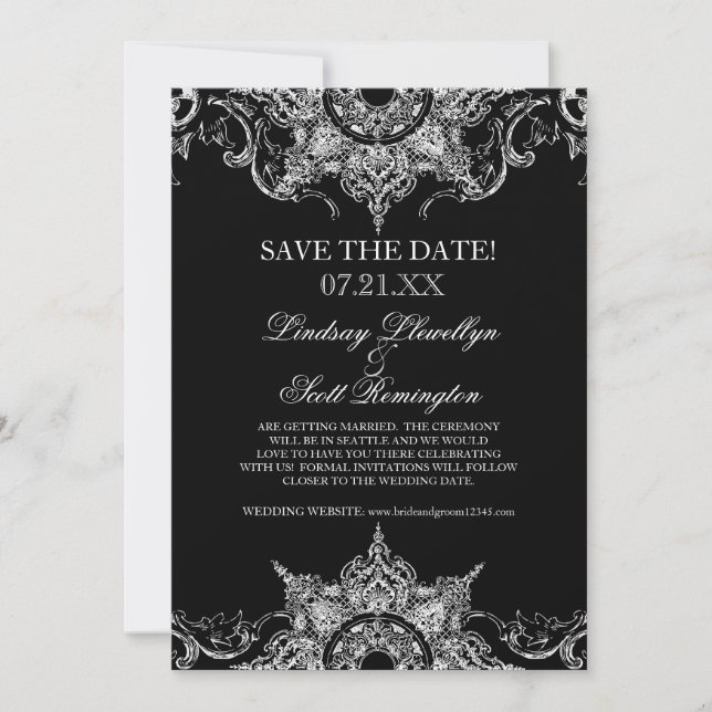 Invitation Toile Noir n Blanc Damask Swirl Enregistrer les da (Devant)