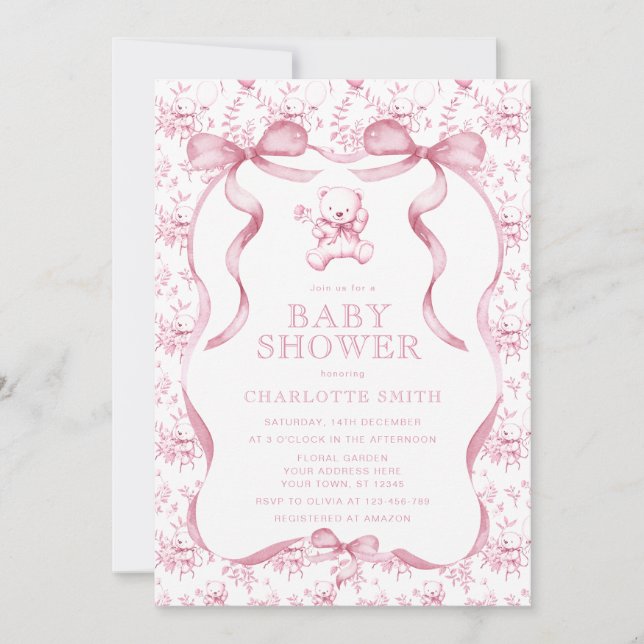 Invitation Toile Ours Rose Fille Baby Shower  (Devant)