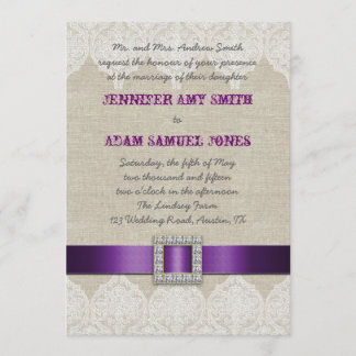 Invitation Toile pourpre rustique de ruban du mariage | de