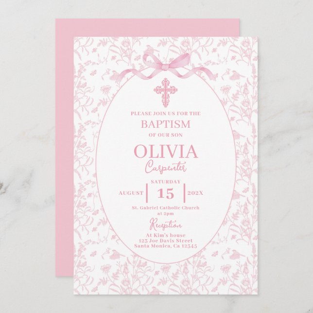 Invitation Toile rose Baptême (Devant / Derrière)