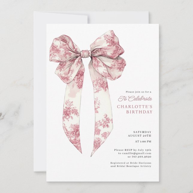 Invitation Toile Rose Coquette Noeud Papillon Anniversaire (Devant)