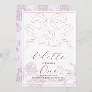 Invitation Toile rose cygne de Jouy Fille 1er anniversaire