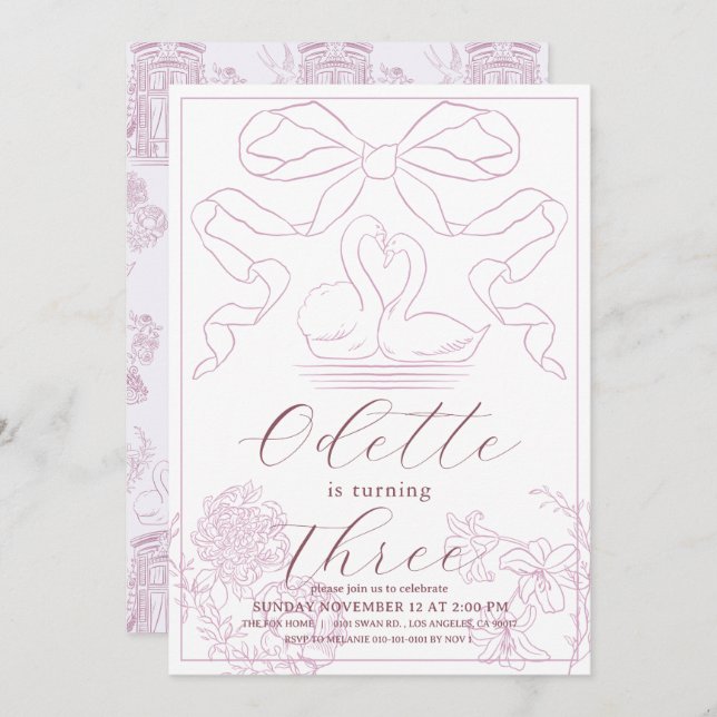 Invitation Toile rose cygne de Jouy Fille Anniversaire (Devant / Derrière)