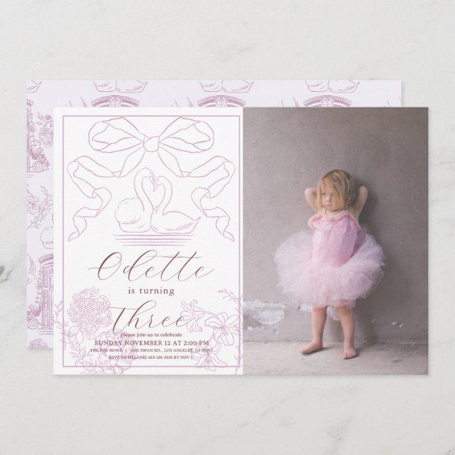 Invitation Toile rose cygne de Jouy Photo fille Anniversaire (Devant / Derrière)