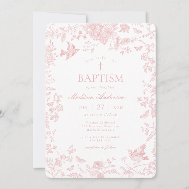 Invitation Toile Rose De Jouy Baptême Floral Français (Devant)