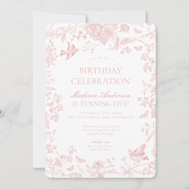 Invitation Toile Rose De Jouy Fête d'Anniversaire Française F (Devant)